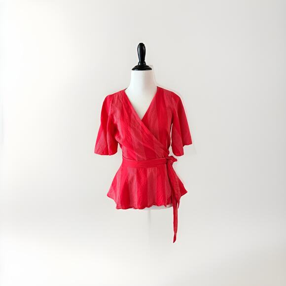 Loft Wrap Top Women’s XS Red Flutter Sleeve Cotton Woven Casual Blouse Peplum - Picture 1 of 13
